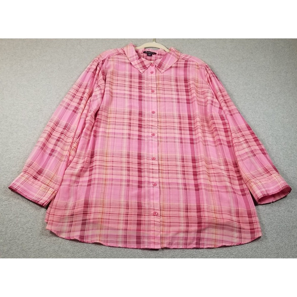 Roaman's Button Up Shirt Womens 30W Plus Pink Plaid Sheer Long Sleeve Casual Top